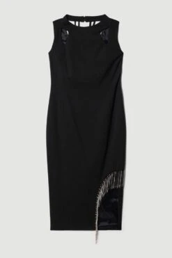 Karen Millen Crystal Fringe Diamante Back Pencil Midi Dress