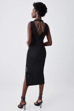 Karen Millen Crystal Fringe Diamante Back Pencil Midi Dress -Clothing General Store black crystal fringe diamante back pencil midi dress 3