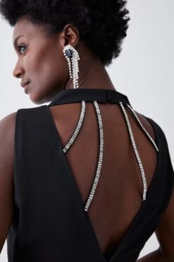 Karen Millen Crystal Fringe Diamante Back Pencil Midi Dress -Clothing General Store black crystal fringe diamante back pencil midi dress 4