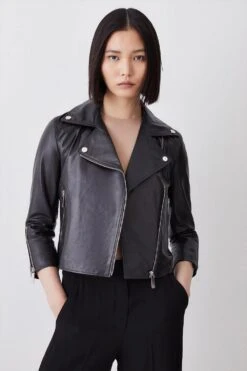Karen Millen Petite Leather Shrunken Biker Jacket -Clothing General Store black petite leather shrunken biker jacket 2