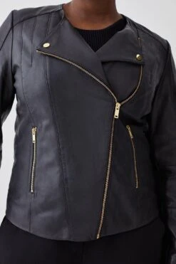Karen Millen Plus Size Leather Asymmetric Zip Through Biker Jacket