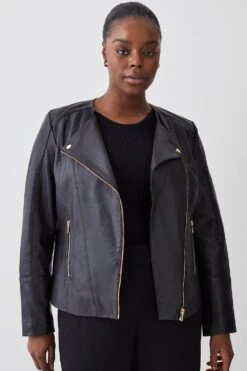 Karen Millen Plus Size Leather Asymmetric Zip Through Biker Jacket -Clothing General Store black plus size leather asymmetric zip through biker jacket 1 3