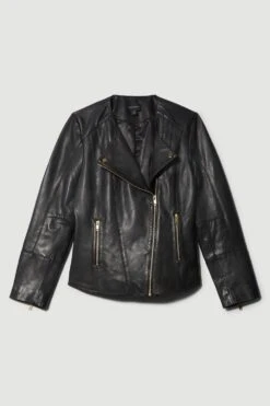 Karen Millen Plus Size Leather Asymmetric Zip Through Biker Jacket -Clothing General Store black plus size leather asymmetric zip through biker jacket 1 4