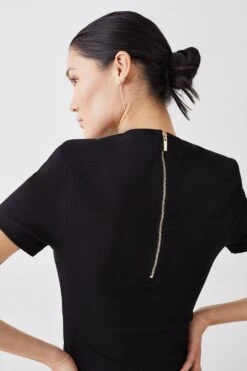 Karen Millen Ponte Gold Back Zip Detail Long Sleeve Top -Clothing General Store black ponte gold back zip detail long sleeve top 1