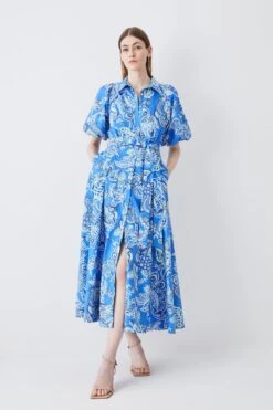 Karen Millen Batik Floral Cotton Panel Detail Midi Shirt Dress 10 Karen Millen Batik Floral Cotton Panel Detail Midi Shirt Dress -Clothing General Store blue batik floral cotton panel detail midi shirt dress 3