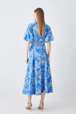 Karen Millen Batik Floral Cotton Panel Detail Midi Shirt Dress 11 Karen Millen Batik Floral Cotton Panel Detail Midi Shirt Dress -Clothing General Store blue batik floral cotton panel detail midi shirt dress 4