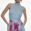 Karen Millen Guipure Lace Mirrored Floral Pleated Woven Midi Dress -Clothing General Store blue guipure lace mirrored floral pleated woven midi dress
