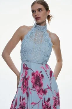 Karen Millen Guipure Lace Mirrored Floral Pleated Woven Midi Dress