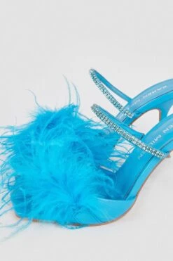 Karen Millen Leather Diamante Feather Heeled Mule -Clothing General Store blue leather diamante feather heeled mule 3