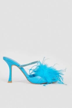 Karen Millen Leather Diamante Feather Heeled Mule -Clothing General Store blue leather diamante feather heeled mule 4