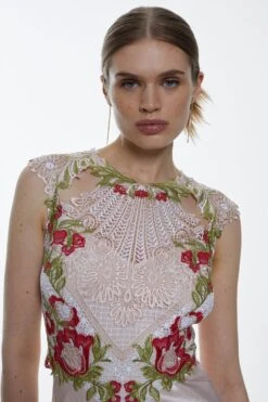 Karen Millen Guipure Lace Satin Maxi Dress -Clothing General Store blush guipure lace satin maxi dress 3