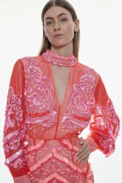 Karen Millen Ombre Sequin And Embroidered Maxi Dress -Clothing General Store blush ombre sequin and embroidered maxi dress 1 2