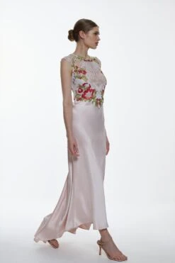 Karen Millen Petite Guipure Lace Satin Maxi Dress -Clothing General Store blush petite guipure lace satin maxi dress 1 2