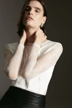 Karen Millen Lace Front Diamante Long Sleeve Top -Clothing General Store burgundy lace front diamante long sleeve top 4