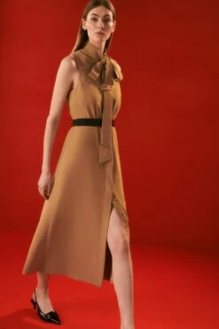 Karen Millen The Founder Tie Neck Woven Belted Midi Dress