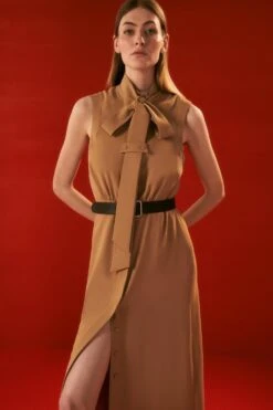 Karen Millen The Founder Tie Neck Woven Belted Midi Dress 10 Karen Millen The Founder Tie Neck Woven Belted Midi Dress -Clothing General Store camel the founder tie neck woven belted midi dress 3