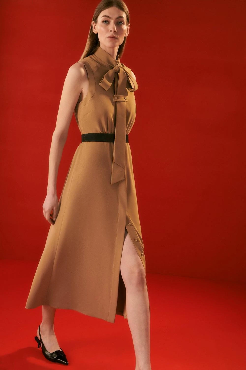 Karen Millen The Founder Tie Neck Woven Belted Midi Dress 3 Karen Millen The Founder Tie Neck Woven Belted Midi Dress