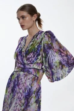 Karen Millen Cascading Floral Pleated Woven Maxi Dress