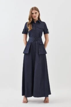 Karen Millen Lydia Millen Tailored Denim Utility Shirt Midi Dress -Clothing General Store denim blue lydia millen tailored denim utility shirt midi dress 7