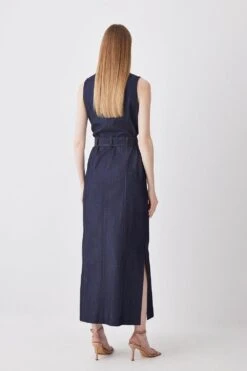 Karen Millen Tall Tailored Denim Belted Trench Midi Dress 8 Karen Millen Tall Tailored Denim Belted Trench Midi Dress -Clothing General Store denim blue tall tailored denim belted trench midi dress 2