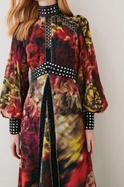 Karen Millen Exploded Floral Studded Lace Midi Dress