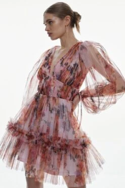 Karen Millen Floral Tulle Plunge Mini Dress -Clothing General Store floral tulle plunge mini dress 4