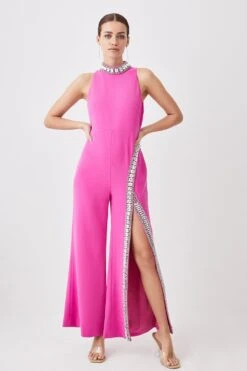 Karen Millen Petite Crystal Embellished Woven Thigh Split Jumpsuit