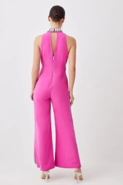 Karen Millen Petite Crystal Embellished Woven Thigh Split Jumpsuit -Clothing General Store fuchsia petite crystal embellished woven thigh split jumpsuit 1 2