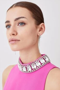 Karen Millen Petite Crystal Embellished Woven Thigh Split Jumpsuit -Clothing General Store fuchsia petite crystal embellished woven thigh split jumpsuit 1 3