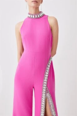 Karen Millen Petite Crystal Embellished Woven Thigh Split Jumpsuit -Clothing General Store fuchsia petite crystal embellished woven thigh split jumpsuit 1 4