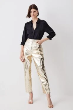 Karen Millen Metallic Faux Leather Straight Leg Trouser -Clothing General Store gold metallic faux leather straight leg trouser 1 2