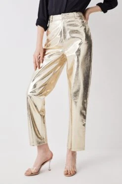 Karen Millen Metallic Faux Leather Straight Leg Trouser -Clothing General Store gold metallic faux leather straight leg trouser 1 4
