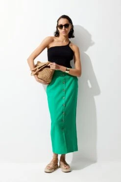 Karen Millen Linen Tailored Pencil Midi Skirt -Clothing General Store green linen tailored pencil midi skirt 3
