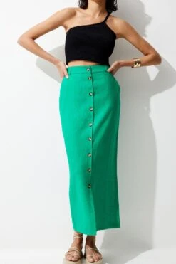 Karen Millen Linen Tailored Pencil Midi Skirt -Clothing General Store green linen tailored pencil midi skirt 5