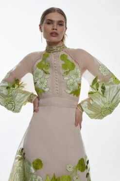 Karen Millen Organdie Applique Buttoned Woven Midi Dress 10 Karen Millen Organdie Applique Buttoned Woven Midi Dress -Clothing General Store green organdie applique buttoned woven midi dress 3