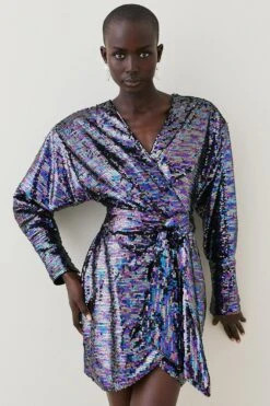 Karen Millen Sequin Drape Wrap Mini Dress -Clothing General Store green sequin drape wrap mini dress 3