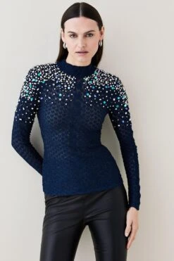 Karen Millen Crystal Embellished Scale Stitch Knit Jumper