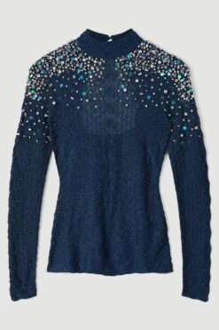 Karen Millen Crystal Embellished Scale Stitch Knit Jumper 9 Karen Millen Crystal Embellished Scale Stitch Knit Jumper -Clothing General Store ink crystal embellished scale stitch knit jumper 1 2