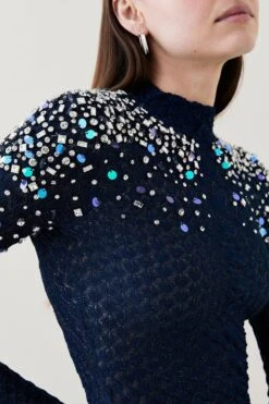 Karen Millen Crystal Embellished Scale Stitch Knit Jumper 10 Karen Millen Crystal Embellished Scale Stitch Knit Jumper -Clothing General Store ink crystal embellished scale stitch knit jumper 1 3