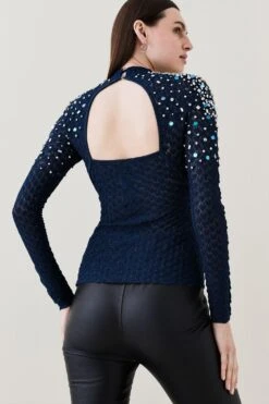 Karen Millen Crystal Embellished Scale Stitch Knit Jumper 11 Karen Millen Crystal Embellished Scale Stitch Knit Jumper -Clothing General Store ink crystal embellished scale stitch knit jumper 1 4