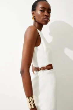 Karen Millen Linen Buckle Detail Split Front Midi Dress -Clothing General Store ivory linen buckle detail split front midi dress 2