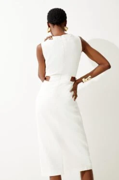Karen Millen Linen Buckle Detail Split Front Midi Dress -Clothing General Store ivory linen buckle detail split front midi dress 3