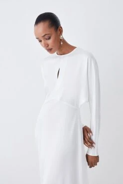 Karen Millen Premium Lightweight Fluid Crepe Keyhole Midi Dress -Clothing General Store ivory premium lightweight fluid crepe keyhole midi dress 6