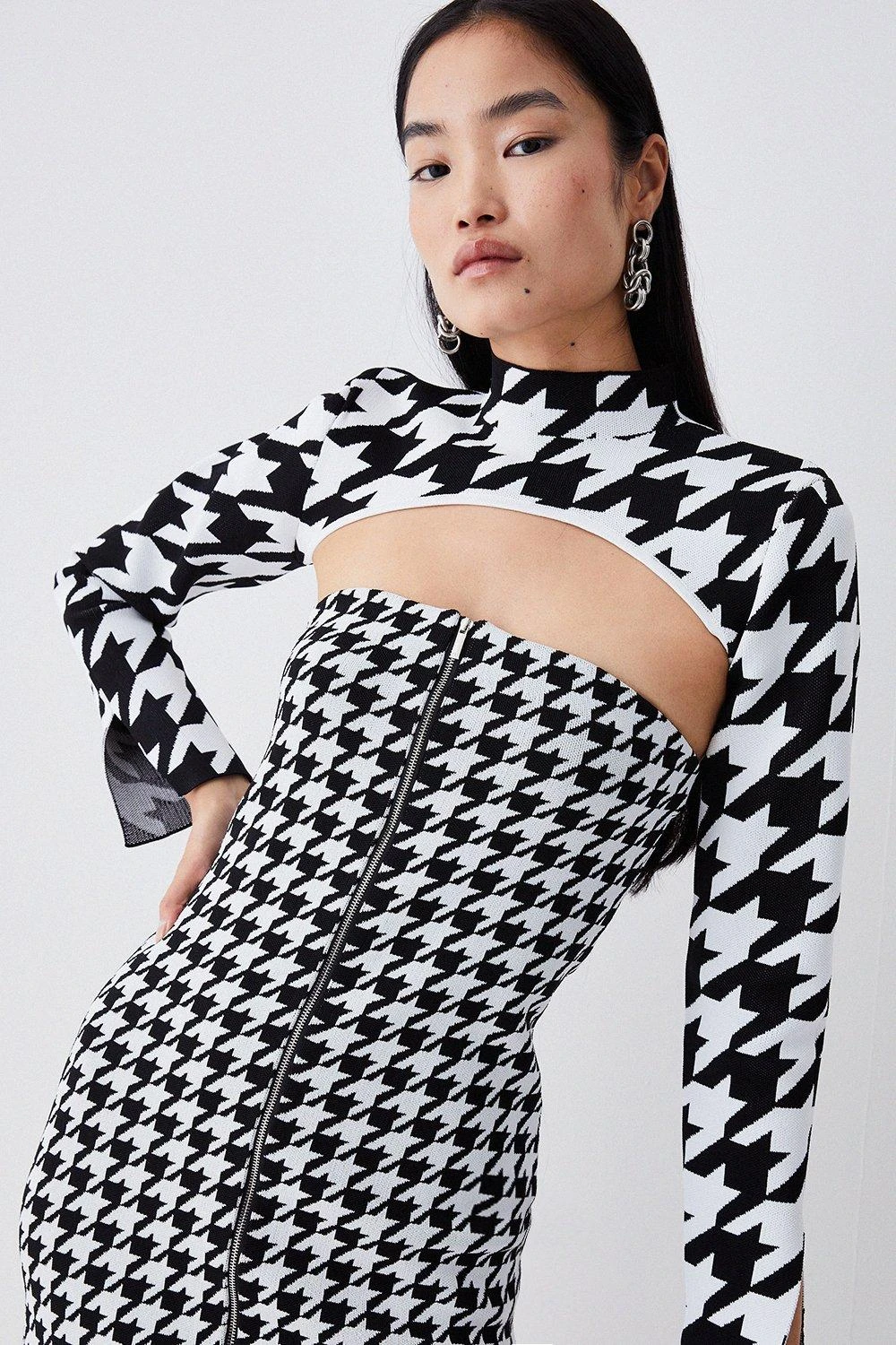 Karen Millen Dogtooth Co-ord Super Crop Knit Top