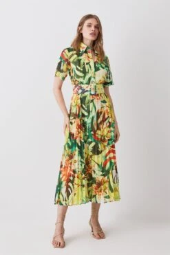 Karen Millen Jungle Print Georgette Pleated Midi Shirt Dress 9 Karen Millen Jungle Print Georgette Pleated Midi Shirt Dress -Clothing General Store multi jungle print georgette pleated midi shirt dress 2
