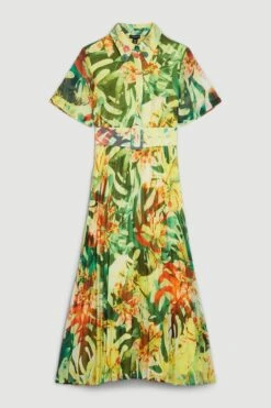 Karen Millen Jungle Print Georgette Pleated Midi Shirt Dress