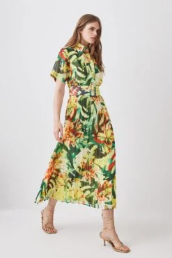 Karen Millen Jungle Print Georgette Pleated Midi Shirt Dress 10 Karen Millen Jungle Print Georgette Pleated Midi Shirt Dress -Clothing General Store multi jungle print georgette pleated midi shirt dress 3