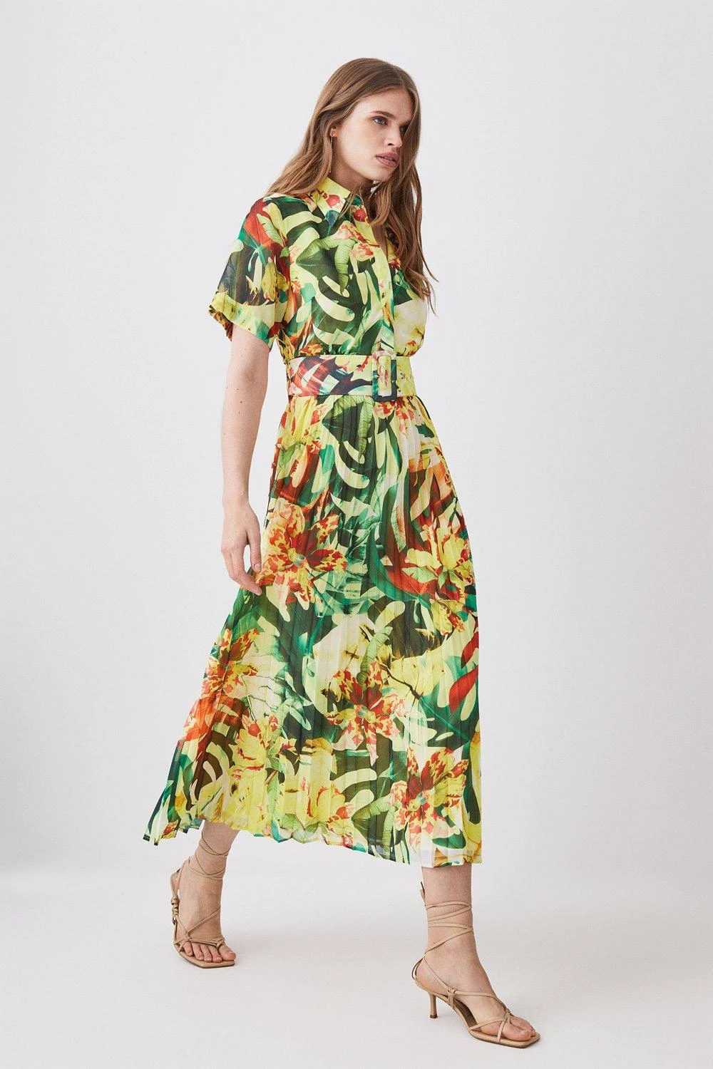 Karen Millen Jungle Print Georgette Pleated Midi Shirt Dress 6 Karen Millen Jungle Print Georgette Pleated Midi Shirt Dress - Image 4
