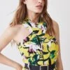 Karen Millen Neon Lily Print Forever Halter Neck Belted Midi Dress