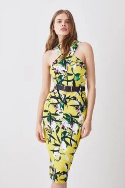 Karen Millen Neon Lily Print Forever Halter Neck Belted Midi Dress -Clothing General Store multi neon lily print forever halter neck belted midi dress 2